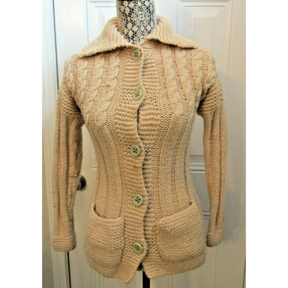 Vintage Hand Knit Chunky Button Front Cardigan Fisherman Wool Sweater Size S - Picture 2 of 9